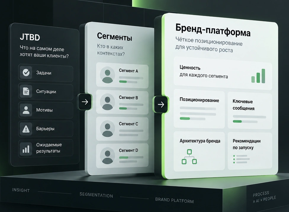 Путь работы: панель JTBD — что на самом деле хотят клиенты, панель сегментов и панель бренд-платформы с ценностью, позиционированием и рекомендациями по запуску